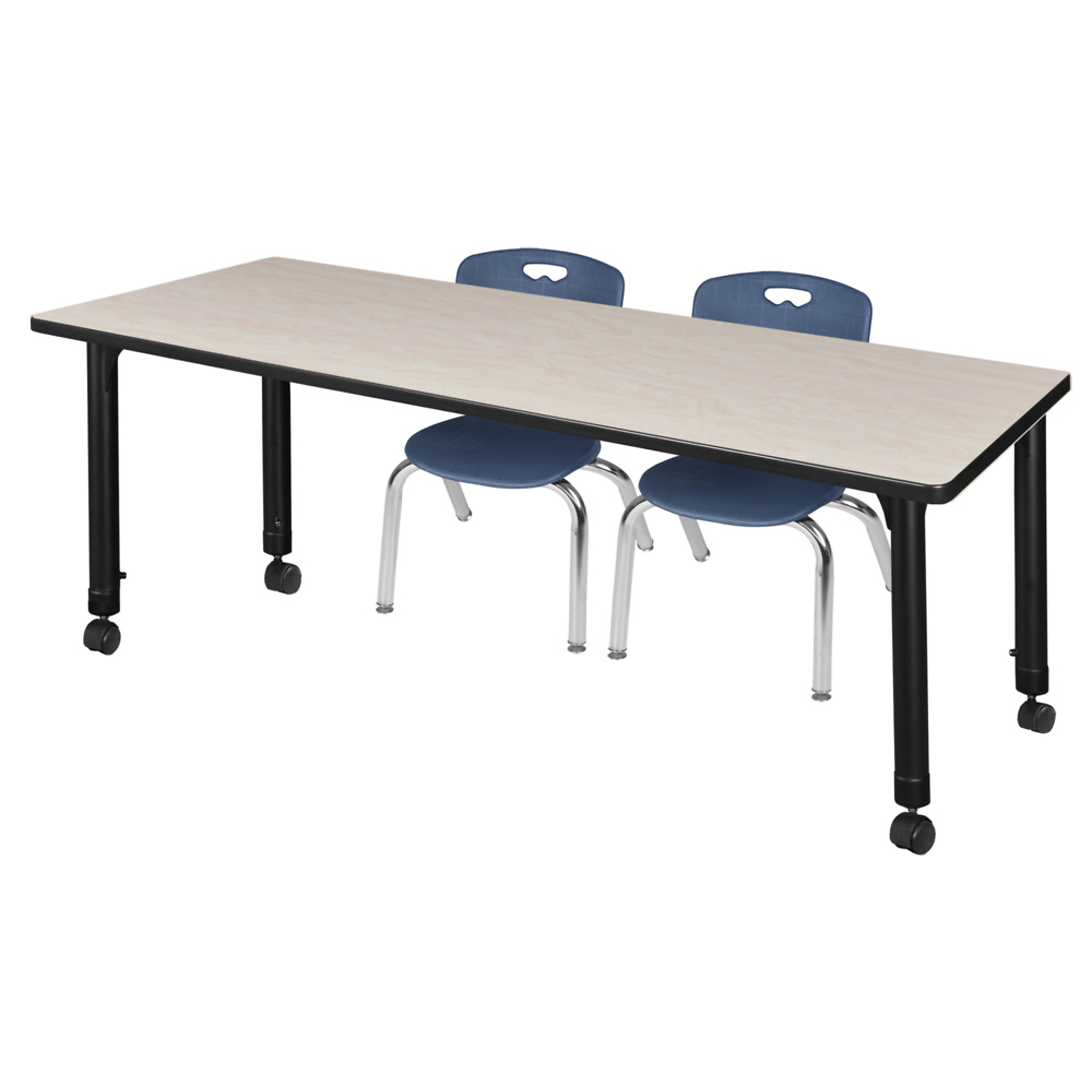 Regency Kee Mobile Adjustable Classroom Table and Andy Stack Chairs Set — 60in. x 24in., Maple/Cherry Table, 2 Navy Blue 12in. Chairs, Model# MT6024PLAPCBK45NV